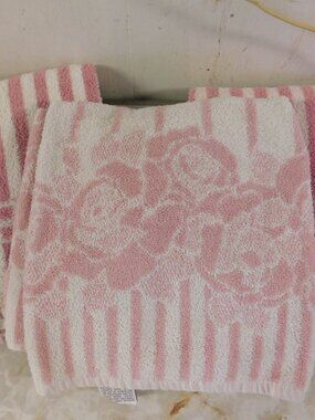 USA Made VTG Cotton Bathroom Towels by Cannon & Stevens Pink Floral & Stripe s/3
